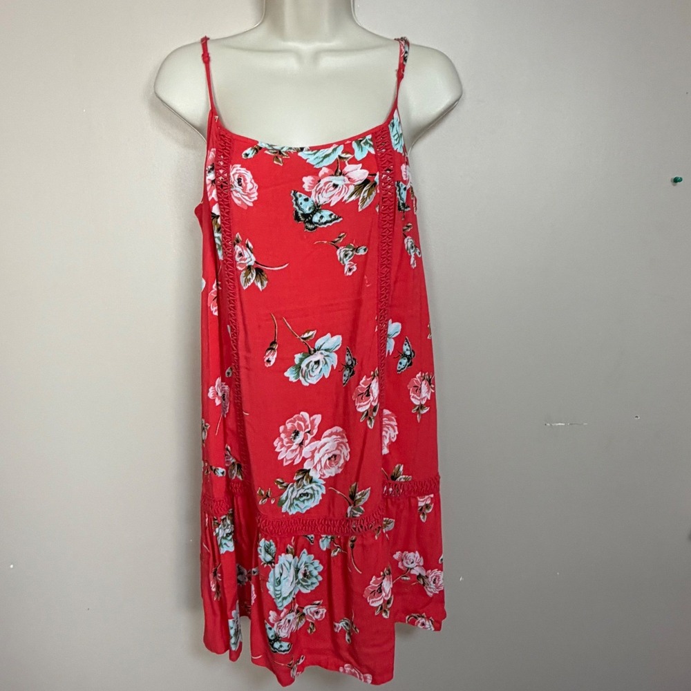 Large Red Floral Butterfly Crochet Trim Ruffle Hem Sundress‎ Adjustable Straps